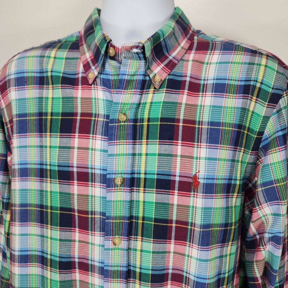 Ralph Lauren Mens Large Red Green‎ Plaid Button Down Long Sleeve